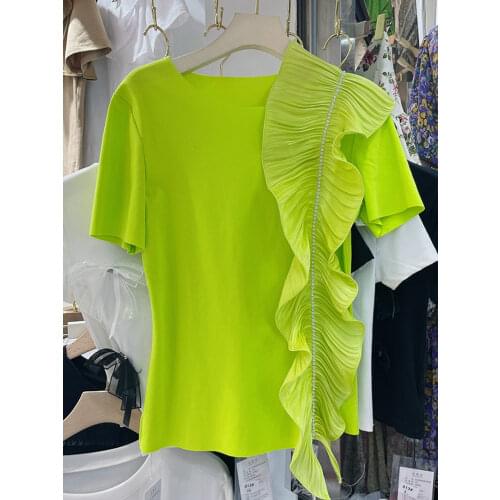 Summer new Ruffle T-shirt womens short sleeve fashion temperament solid color top looks thin and versatile T-shirt GD605