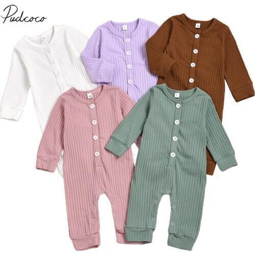 Newborn Baby Girls Boys Solid Ribbed Romper, Infant Long Sleeve Round Neck Button Closure Jumpsuit Casual Spring Autumn Clothes