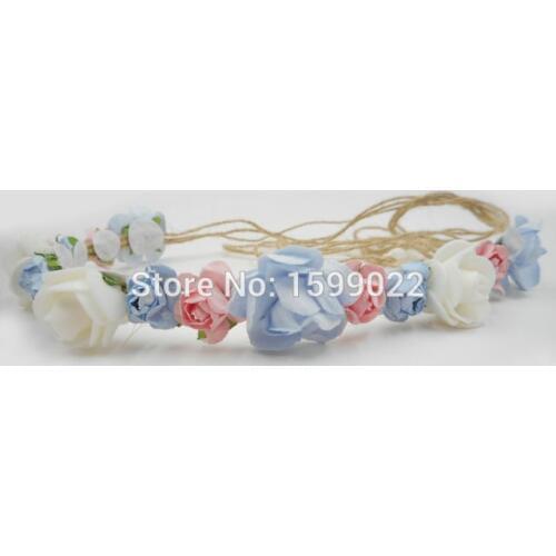 Rustic Sky Blue Pink Paper Rose Flowers Burlap Headband Fairy Wedding Flower Girl Bridesmaid Hair Accessories for Kids Toddler