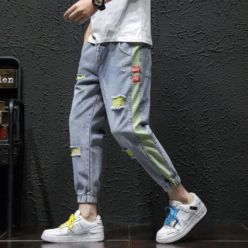 Torn Jeans Men Summer Thin Nine Point Loose Hip-Hop Beggar Harlan Bundling Overalls Size Popular logo