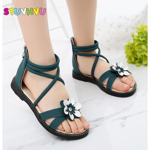 Girls Sandals Summer 2020 New Fashion Soft Bottom Childrens Roman Shoes Leather Flowers Girls Princess Shoes Kids Beach Shoes