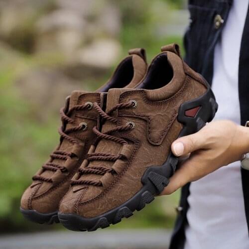 Vintage Casual Hiking Shoes Men Genuine Leather Walking Driving Shoes Fashion Mens Leisure Flats Classic Retro Trekking Shoes