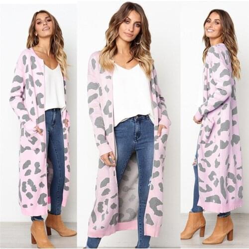 Knit Cardigan Sweater Female Long Leopard Knitted Spring Autumn Coat European American Fashion Ladies Sweaters Cardigan Jacket