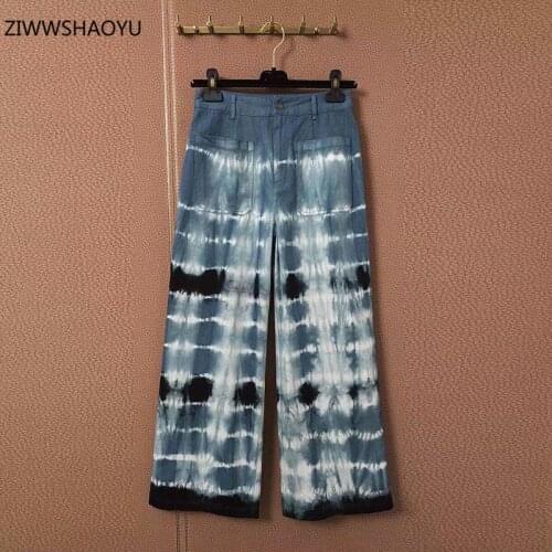 ZIWWSHAOYU 2021 Fashion Runway Women Summer Sky Blue Tie Dye Polyester Jeans Button Loose Wide Leg Pants