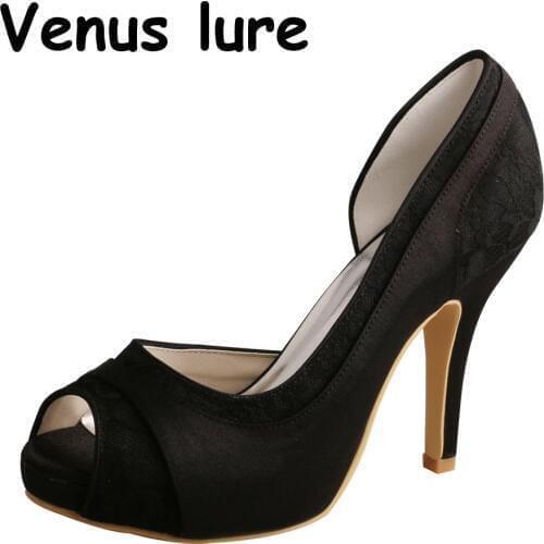 Women Black Lace High Heels for Wedding Party Peep Toe