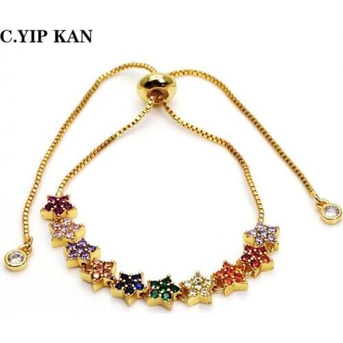 C.YIP KAN five-pointed star design gold plated Bracelet for Women Adjust Size colorful CZ Charm Bracelets Link Fashion Jewelry