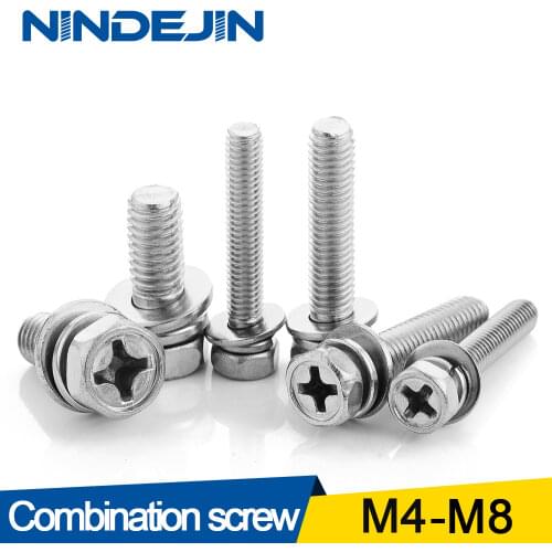 10/50pcs Cross recessed Hex Head Screw with Washer Three Sem Screw M4 M5 M6 M8 Stainless Steel Metric Three Combination Thread