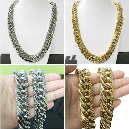 14/19mm Punk Stainless Steel Necklace for Men Women Curb Cuban Link Chain Collar Chokers Gold Silver Color Solid Metal Wholesale