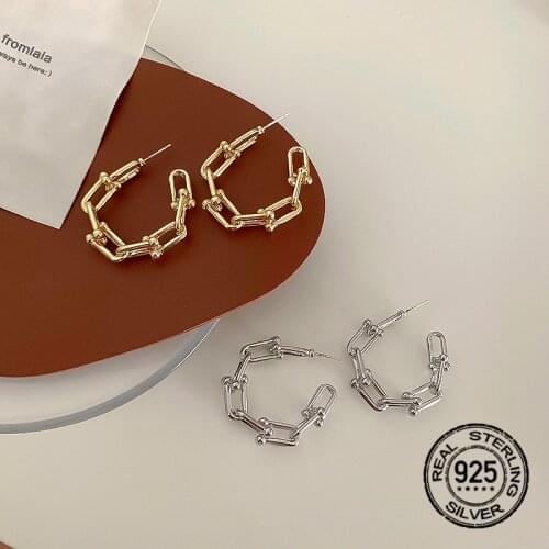 925 Silver Needle Hoop Earrings For Women Gold Circle Chain Retro Geometric Korea Fashion New Hot Sale Lady Party Jewelry INEFFA