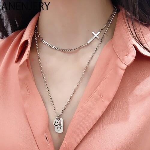 ANENJERY 925 Sterling Silver Handmade Square Letter Smiling Pendant Sweater Necklace Cross Clavicle Chain Punk Jewelry S-N628