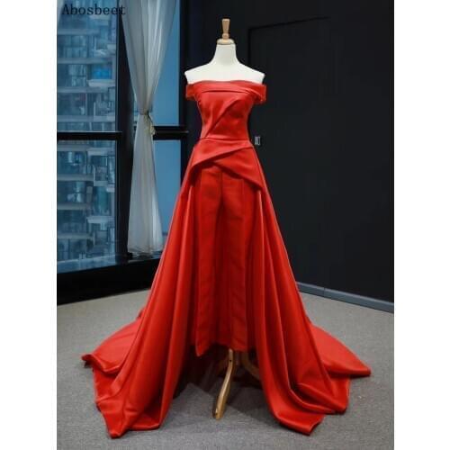 Satin Red Evening Dress A Line 2021 Fashion Pants Shape Gown Simply Style Strapless Long Formal Evening Gown Prom Party Women