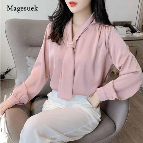 Loose V-neck OL Style Womens Tops and Blouses Office Lady Long Sleeve Shirt Women Satin Shirt Autumn Chiffon Shirt Clothes 10842