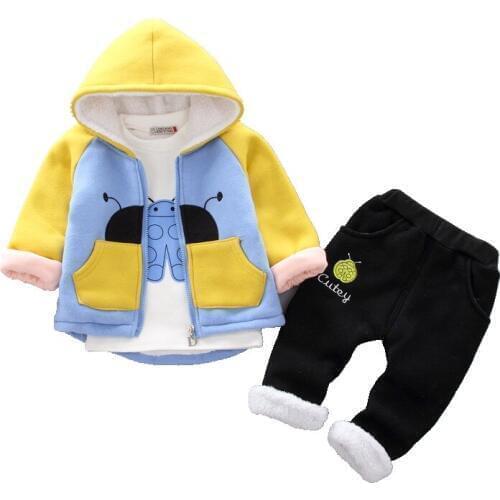 Childrens Winter Clothing Sets Baby Boys Beetle Thickening Sweater T-shirts Pants 3pcs Clothing Sets Toddler Cotton Jacket Set