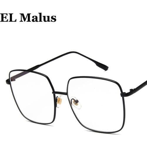 [EL Malus]Big Square Eyeglasses Frame Women Mens Clear Transparent Lens Glasses Metal Black Gold Silver Shades Brand Designer