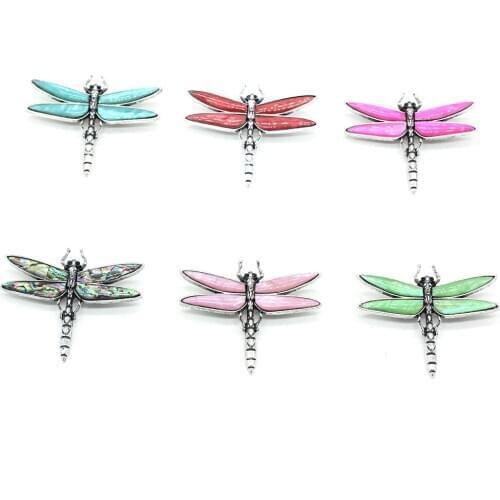 Natural Shell Alloy Animal Pendant Brooch Dragonfly Shape Metal Dyed Abalone Shell Accented Charms for Jewelry Making Ornament