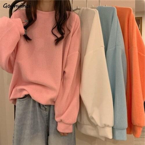 No Hat Hoodies Women Simple Solid Ribbed Oversize Korean Style Loose Fashion Kpop All-match High Quality O-neck Casual Hoodie