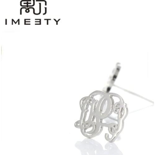 IMEETY personalized stud earrings silver designed monogram stud earring handmade initials monogram nameplated earrings