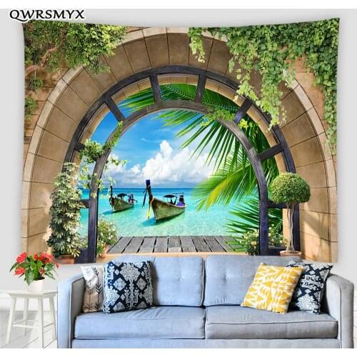 Stone Structure Arch Ocean Boat Landscape Tapestry Aesthetic Wall Hanging Living Room Bedroom Dorm Decor Art Wall Tapestries