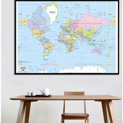 24x36cm The World Mercator Projection Map HD Fine Canvas Spray Painting For Bedroom Wall Painting