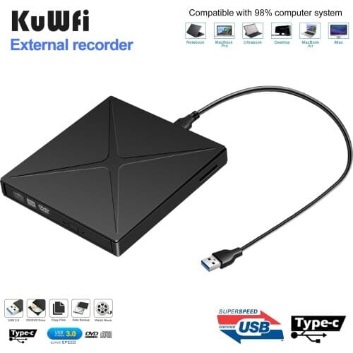 KuWFi USB3.0 External DVD Drive DVD-RW CD Writer Player Recorder for Mac Windows laptop PC Portable BD/CD/DVD Burner