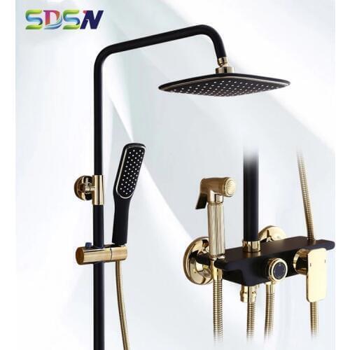 Bathroom Shower Set SDSN Rainfall Waterfall Black Gold Shower System Quality Brass Bathtub Faucet 8 Inch Bath Shower Head