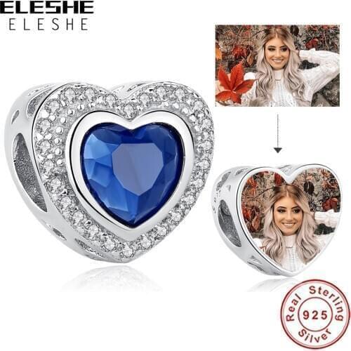 Personalized Custom Photo Blue CZ Heart Charm 925 Sterling Silver European Bead Charm Fit Original Bracelet DIY Jewelry
