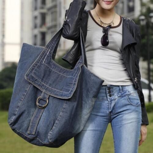 New Casual Women Big Denim Handbag Bucket Travel Shoulder Bag Female Zipper Packing Jeans Schoolbag Large Mothers Totes Bags