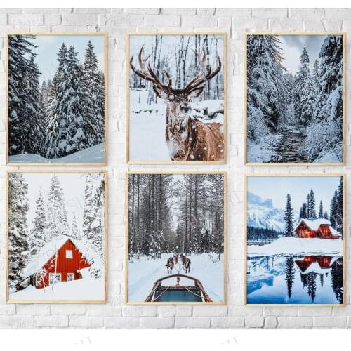 Christmas Set of 6 Winter Gallery Wall, Winter Landscape, Reindeer,Snow Forest Landscape, Wooden Log Cabin, Sled Dogs