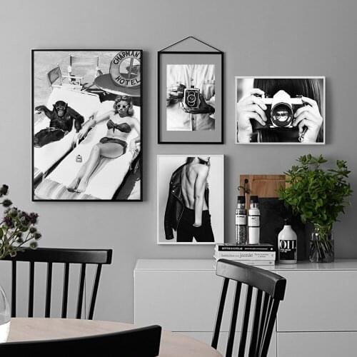 Self-adhesive Wall Stickers Toilet Sexy Woman Beach Girl Photograph Picture Poster Fashion Black White Wall Painting Room Decor