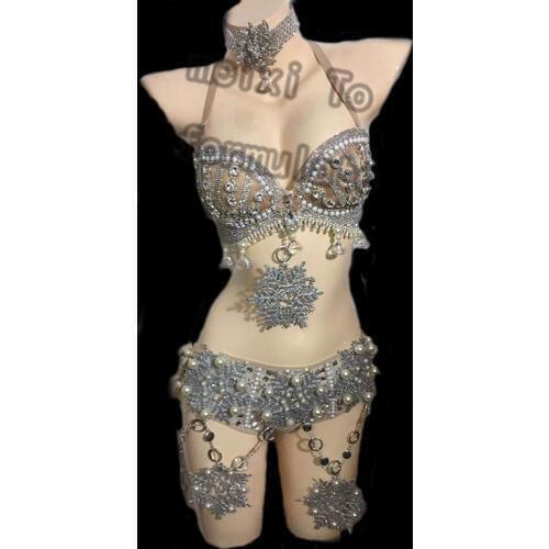 Silver sexy snowflakes dancing in the bikini rhinestone pearl bar nightclub concert singers costume