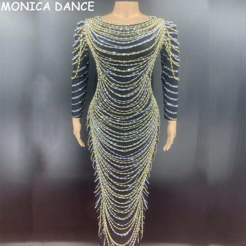 Silver Gold Rhinestone Beaded Long Dress Birthday Bar Spandex Outfit Dress Women Dancer Show Prom Party Dress