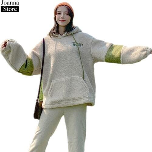 Spring Stitching Lambswool Hoodies Women Long Sleeve Pocket Furry Teddy Warm Sweatshirt Autumn Hit color Loose Plus Size Clothes
