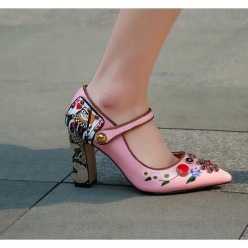 Moraima Snc Pointed Toe Flower Printed Leather High Heel Shoes Sexy Ankle Strap Chunky Heels Woman Shoe Wedding Heels Pink Black