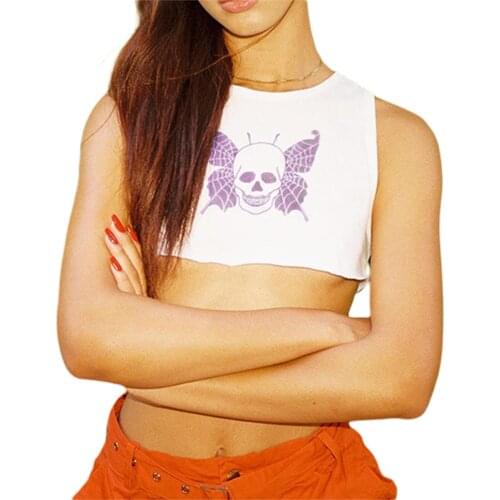 Women’s Causal Round Neck Vest E-girls Personality Skull Printing Exposed Navel Sleeveless Tops Club 90S Streetwear