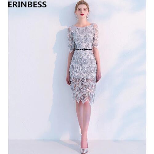 Robe De Soiree 2019 Prom Dresses Short Women Formal Gray Mermaid Prom Dress Gowns Short Sleeve Scoop Neck Evening Dress Gowns