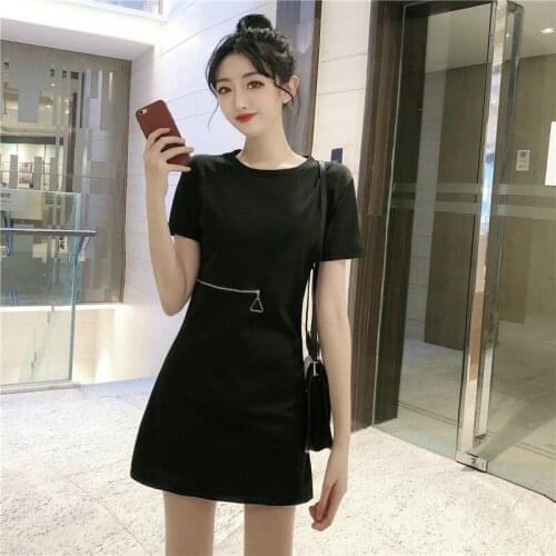 C1766 2020 New summer women scheming black dress round collar and short sleeve hollow zipper dress cheap wholesale