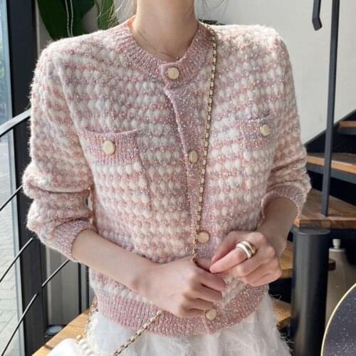 2021 Patchwork Sweater Women 2021 Autumn Exquisite Button Coat New All-match O-neck Double Pockets Cardigan
