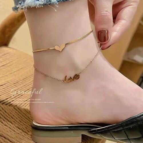 25CM Length Women Stainless Steel Double Layer Letter Love Gold Color Waterproof Anklet Beads Link Foot Chain Summer LegJewelry