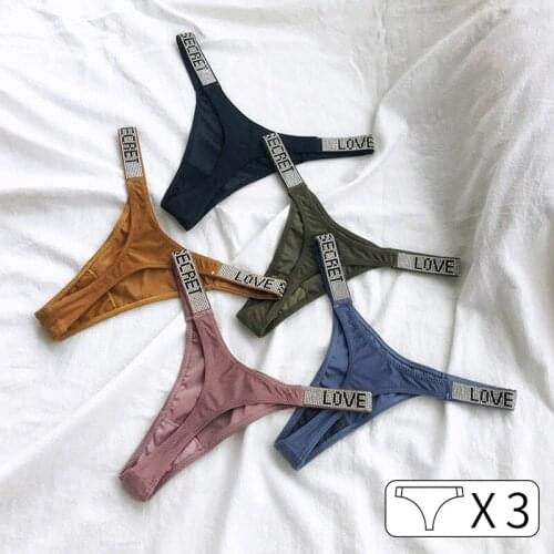 3Pcs Size S-XL Women Thongs Sexy Panties Rhinestones letter Diamonds G-string Sports Low Waist Shorts Briefs T-back Fitness