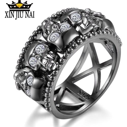 3 colors 925 Silver Rhinestone Skull Ring Womens Men Red Black Crystal Skeleton Shape Zircon Luxury Princess Women ring