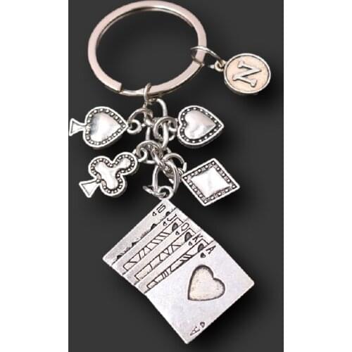 Straight Flush Keychain Playing Card Flower Color Lucky Amulet Key Ring Personalization 26 Letters Customized Name Jewelry Gift