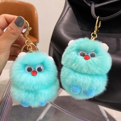 Real Rabbit Fur Monster Pendant Plush Car Keychain Cute Bag Ornaments Key Chains For Women Couple Dolls Handmade D899