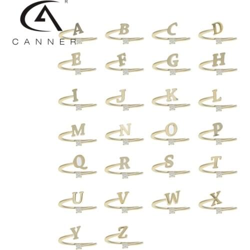 CANNER 925 Sterling Silver Open Rings Zircon 26 Letters Word Gold Finger Ring For Women Men Band Love Mariage Wedding Engagement