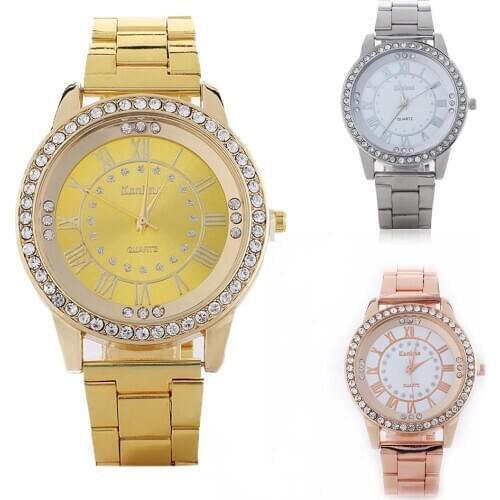 Fashion Couple Watch Womens Rhinestone Roman Numerals Alloy Band Clock Round Analog Quartz Watch Rose gold wrist watch Ladies D