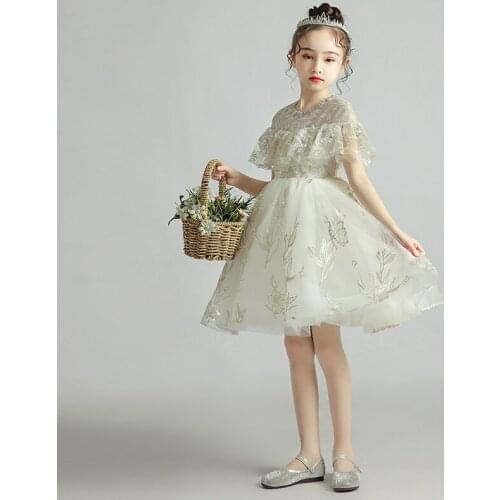 Flower Girl Dresses Illusion Crystal Sequined Embroidery O-Neck Princess Knee-Length Tulle Lace Short White Kids Party Gown H350