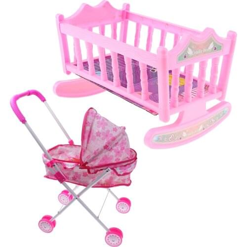 Simulation Pushchair Toy w/ Baby Doll Stroller and Bed Cradle Kids Nursing Room Play Accessories