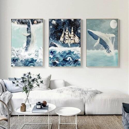 Ocean Illustration Whale Dolphin Canvas Painting Watercolor Animal Wall Art Poster for Kids Room Interior Decoration Pictures