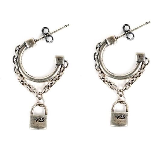 925 Sterling Silver Small Hoop & chain lock handmade earrings Jewelry A4090
