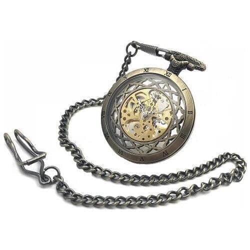 Hot Selling Open Case Bronze Hollowed Number Mechanical Pocket Watch Vintage Hand Wind Pocket Watch with Chain Wholesale