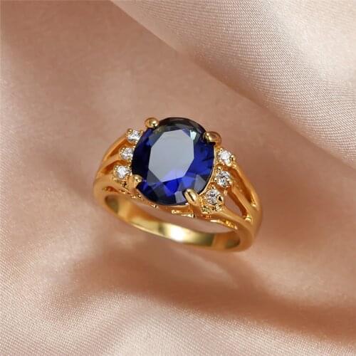 Cute Female Blue Crystal Stone Ring Yellow Gold Color Wedding Rings For Women Luxury Big Oval Zircon Engagement Ring